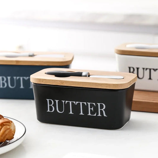 Contemporary Ceramic & Bamboo Butter Keeper