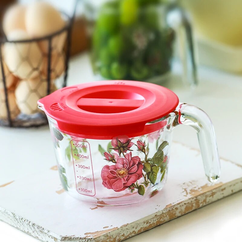 Blooming Measure: Floral Glass Measuring Cup with Lid