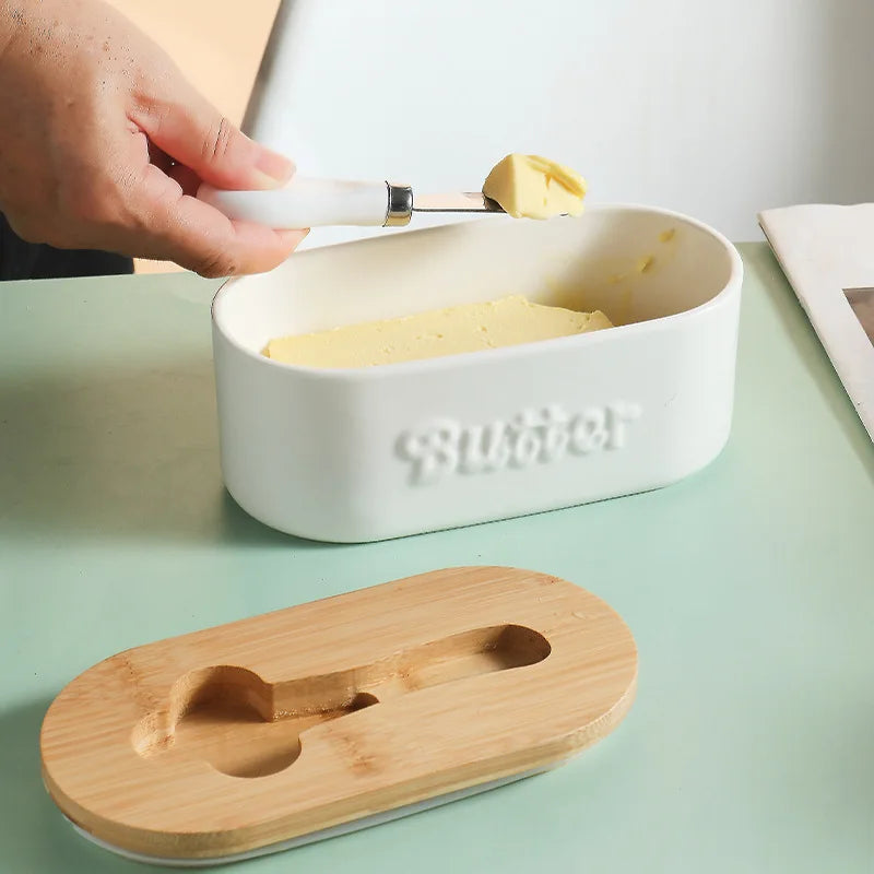 Retro Ceramic Butter Dish with Bamboo Lid