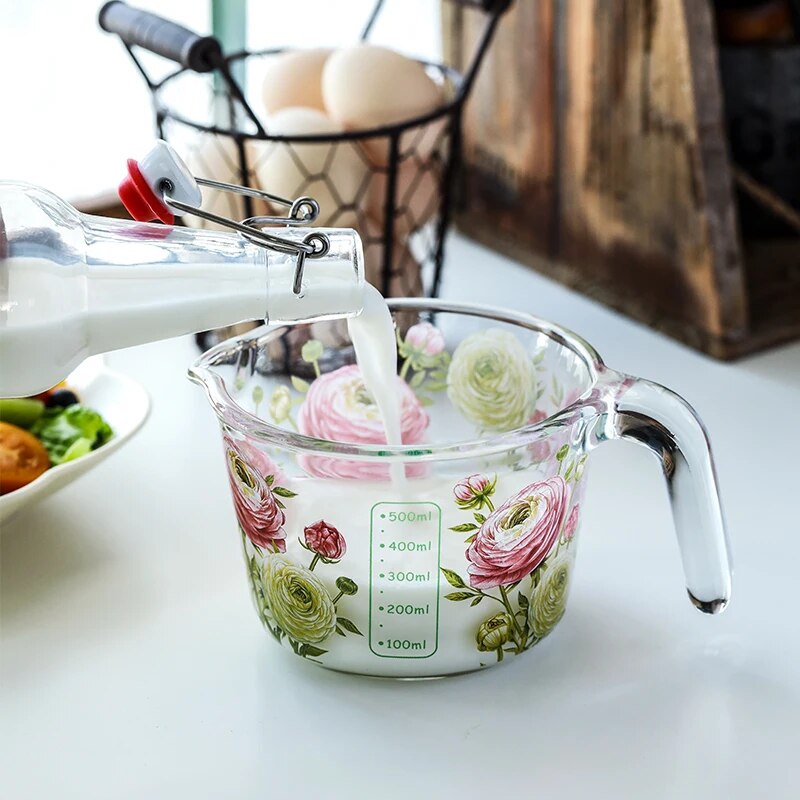 Blooming Measure: Floral Glass Measuring Cup with Lid