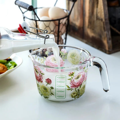 Blooming Measure: Floral Glass Measuring Cup with Lid