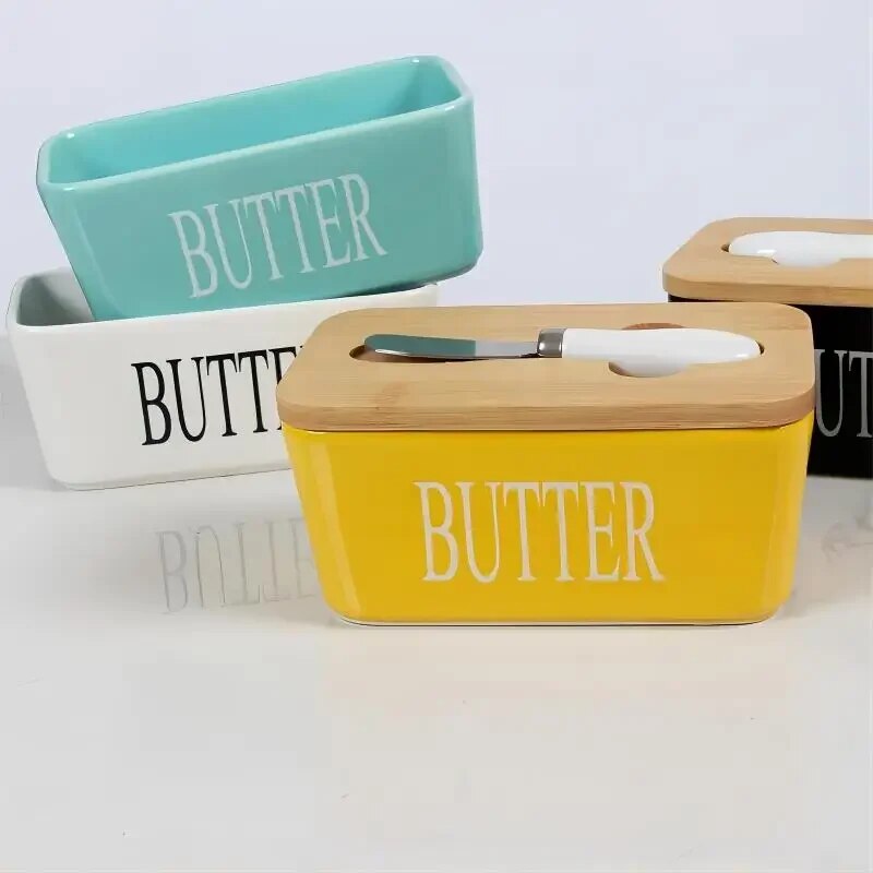 Contemporary Ceramic & Bamboo Butter Keeper