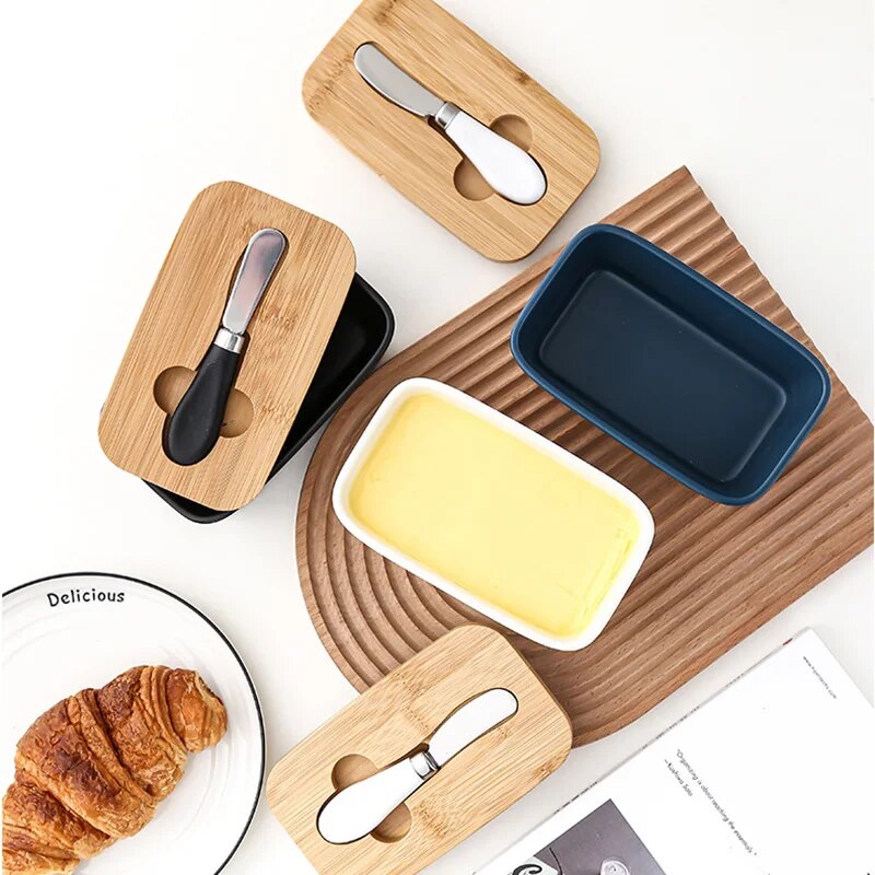 Contemporary Ceramic & Bamboo Butter Keeper